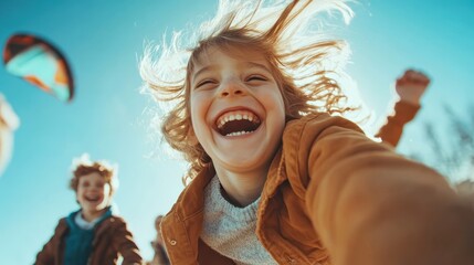 A group of happy children laughing and playing outdoors under a clear, bright blue sky, capturing the essence of pure joy and childhood happiness.