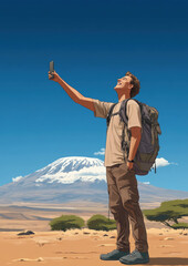 Wall Mural - A man is taking a selfie with his cell phone while standing in a desert