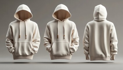 A three-dimensional view of a cream-colored hoodie showcasing its design and features.