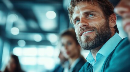 A businessman with a confident demeanor gazes into the distance in a corporate meeting room, conveying ambition and determination in a professional environment.