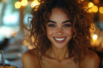 Wall Mural - Smiling Woman with Curly Hair