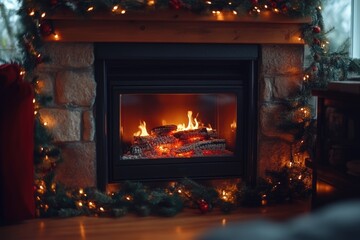 cozy holiday fireplace, a cozy fireplace adorned with holiday trimmings, creating a warm ambiance perfect for family get-togethers