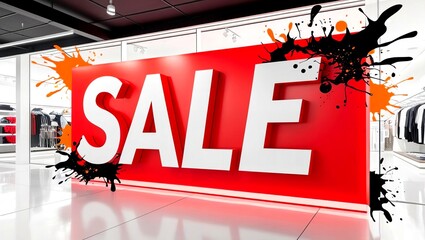 red sale sign in retail store with colorful splashes. sale announcement. illustration. photo. black 