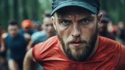 A determined male runner in a red shirt is participating in an intense race through a dense forest, showcasing his focus and competitive spirit as he leads the group.