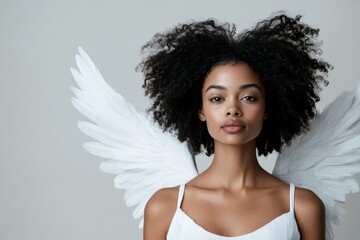 A beautiful curly-haired angel is captured with large white wings against a neutral backdrop, exuding a sense of calmness, grace, and divine presence.