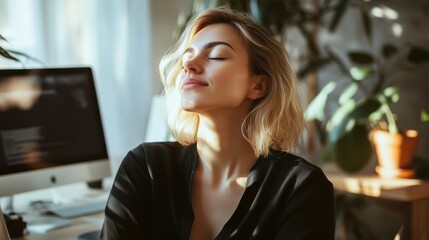 A woman taking a break from her computer, sitting with her eyes closed and head tilted back