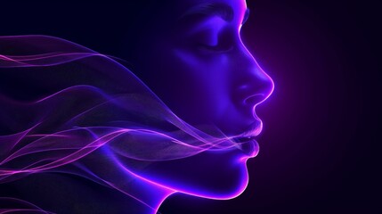 Fototapete - Digital portrait of a girl on a purple background with wavy lines. 