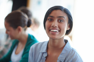 Leinwandbilder - Creative agency, portrait and business woman in office for confidence, teamwork and design workshop. Employee, designer and happy in workplace for collaboration, project management and media company