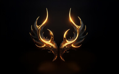 Fototapete - Two symmetrical golden antlers with a dark background.