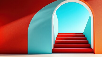 Poster - A vibrant red stairway framed by a vivid aqua archway creates a visually striking composition with bold color contrasts and dynamic architectural elements.