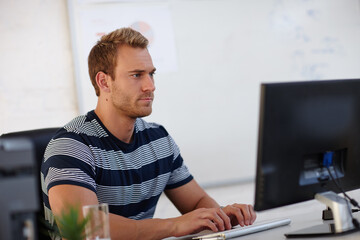 Aufkleber - Man, computer and typing in office for web design, creativity and business page update. Software development, IT specialist and tech in digital agency for coding, problem solving and connectivity