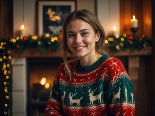 A woman wearing a cozy Christmas sweater beams with joy, radiating warmth and holiday spirit as she embraces the festive season