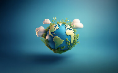 A 3D globe with green foliage around it and fluffy white clouds above.  The globe is floating against a bright blue background.