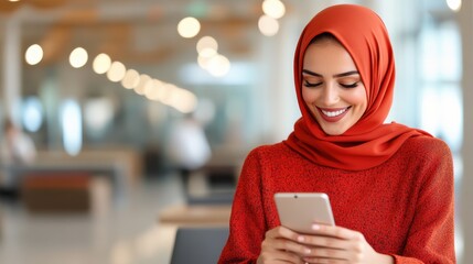 A joyful woman in a red hijab engages digitally, highlighting the fusion of tradition and modernity within a vividly lit and energetic social space.