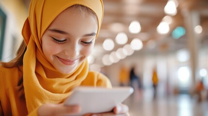 A cheerful young girl in a bright yellow hijab looks at her mobile device, illustrating youthful curiosity and happiness while engaging with technology.