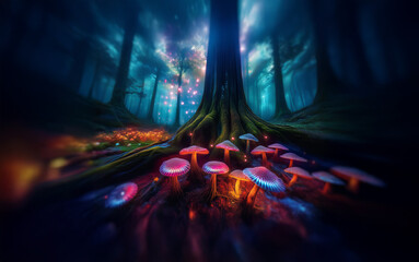 Poster - A dark forest lit by glowing mushrooms and ethereal lights in the distance.