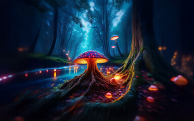 Poster - A glowing mushroom stands in a dark, mystical forest with a stream of water flowing through it.