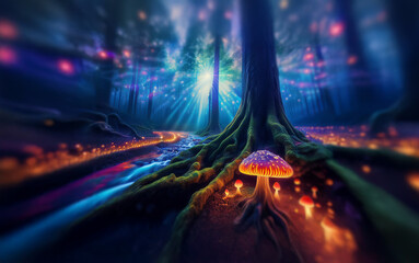Poster - A glowing river flows through a mystical forest at night, with bioluminescent mushrooms illuminating the path.