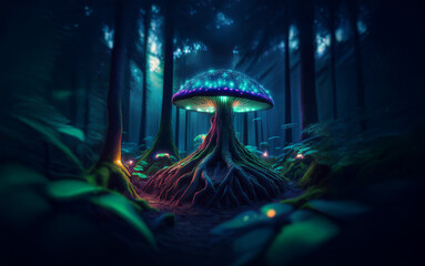 Poster - A glowing mushroom with a large root system sits in the middle of a dark, mysterious forest.