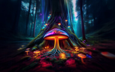 Poster - A large glowing mushroom sits at the base of a tree in an enchanted forest with colorful lights emanating from the foliage.