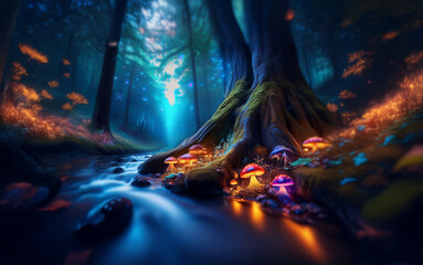 Poster - A mystical forest at night with glowing mushrooms and a stream flowing through the trees.