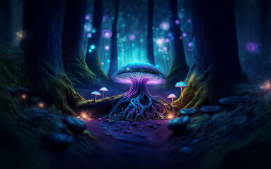 Poster - A glowing mushroom illuminates the forest floor, its vibrant light casting shadows on the surrounding trees.