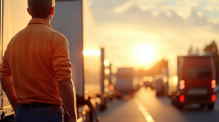 A man gazes towards the sunset while standing amidst trucks on the highway, depicting travel, reflection, and the journey in a picturesque evening scene.