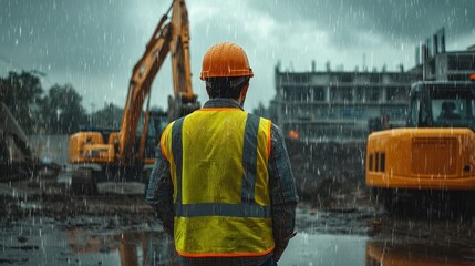 The back of an engineer wearing a yellow vest and orange helmet stands in front of an excavator on a construction site, with heavy rain falling from the sky. It is a rainy day with a blurred backgroun