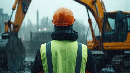 The back of an engineer wearing a yellow vest and orange helmet stands in front of an excavator on a construction site, with heavy rain falling from the sky. It is a rainy day with a blurred backgroun