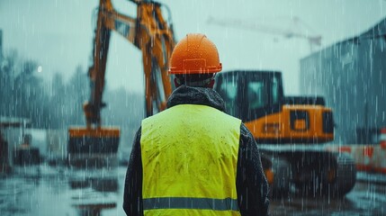 The back of an engineer wearing a yellow vest and orange helmet stands in front of an excavator on a construction site, with heavy rain falling from the sky. It is a rainy day with a blurred backgroun