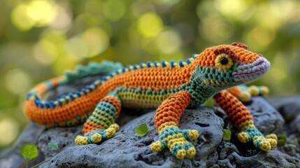 A colorful crochet gecko, adorned with bright patterns, rests on a stone backdrop. Its vivid colors and playful design breathe life and movement into the scene.