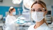 © Lens Legacy - A confident healthcare worker wearing safety glasses and a surgical mask, standing in a modern medical environment with blurred surgical activity in the background.