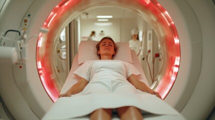 A patient lies peacefully in a medical scanning machine with futuristic red lights, embodying technological advancement and calm in a healthcare environment.