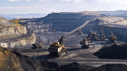 A panoramic view of a coal mining operation with massive excavators and conveyor systems