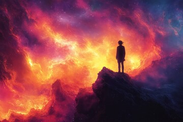 Wall Mural - a silhouette stands on a rocky outcrop against a vibrant cosmic backdrop of swirling colors.