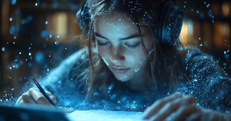 Aufkleber - focused female student wearing headphones writes notes in magical, glowing atmosphere, surrounded by floating particles, creating inspiring study environment