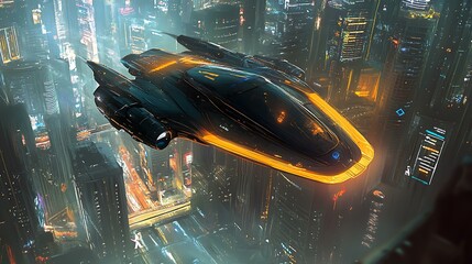 Conceptual flying hoverboard above a futuristic cityscape, with advanced propulsion systems and sleek design