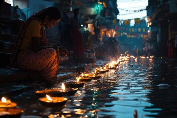 Indian woman praying with floating candles on ganga river at night in varanasi