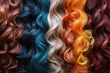 Dyed wavy hair samples creating a vibrant color palette