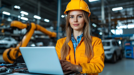 Aufkleber - female automotive engineer in car factory wearing hard hat and using laptop, surrounded by machinery