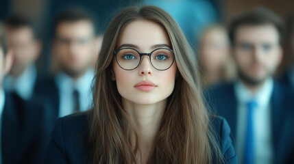 Poster - confident woman with glasses sits attentively in professional setting, surrounded by colleagues