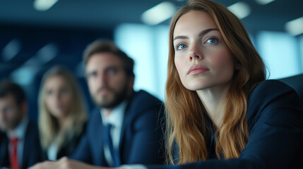 Poster - focused woman in business meeting with colleagues, showcasing determination and professionalism