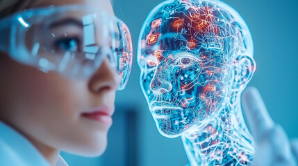 Poster - woman wearing safety goggles observes digital hologram of human head, showcasing intricate neural networks and technology connections, symbolizing advanced AI research