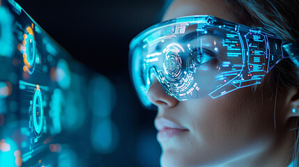 Leinwandbilder - woman wearing futuristic augmented reality glasses interacts with digital interface, showcasing advanced technology and innovation in business setting