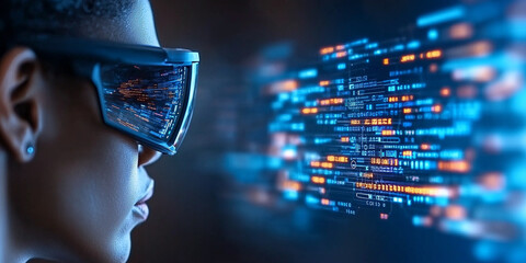 Poster - person wearing futuristic augmented reality glasses interacts with digital data, showcasing innovation and technology in virtual environment