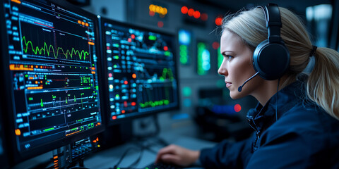 Aufkleber - focused female engineer wearing headset monitors multiple screens displaying complex data in high tech control room
