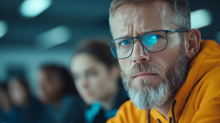 Poster - focused man with glasses and beard listens intently in classroom setting, wearing bright orange hoodie. blurred background suggests group environment, possibly lecture or seminar