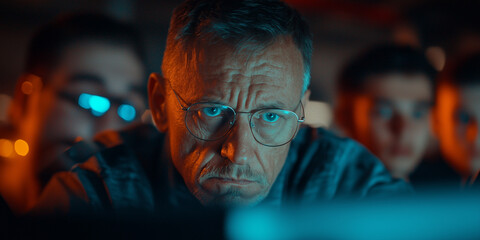 Aufkleber - focused group of people intently looking at computer screen, illuminated by its glow, suggesting collaborative effort or problem solving scenario
