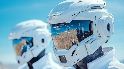 Aufkleber - Futuristic white robotic helmets with digital displays reflecting landscape