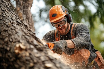 A lumberjack in full protective gear is cutting down a tree with a chainsaw, creating a cloud of sawdust. He is focused on the task at hand, illustrating the hard work and dedication of forestry worke